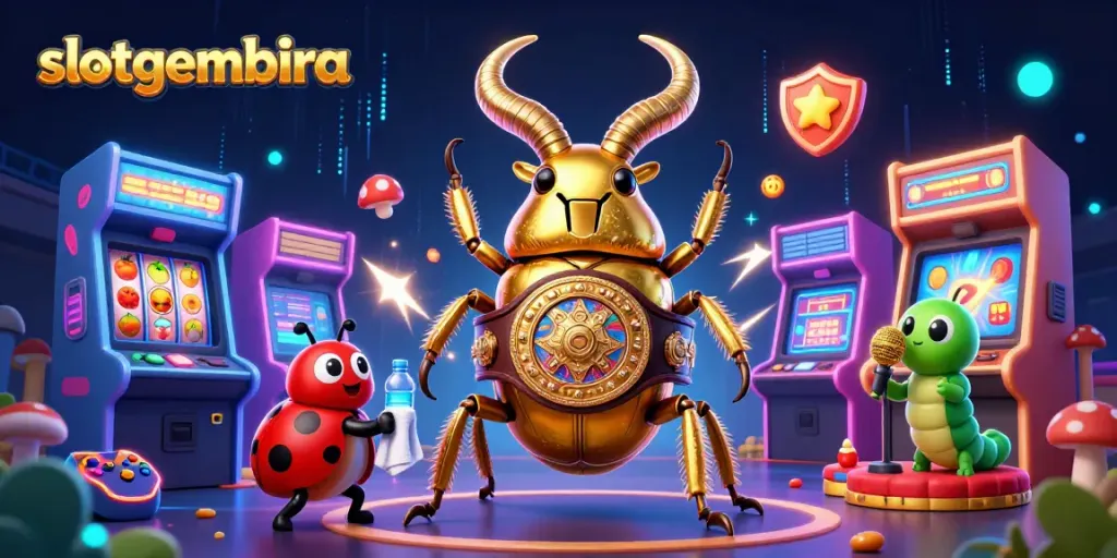 Join slotgembira's dynamic scene with a glowing stag beetle, gaming elements, and vibrant casino themes.