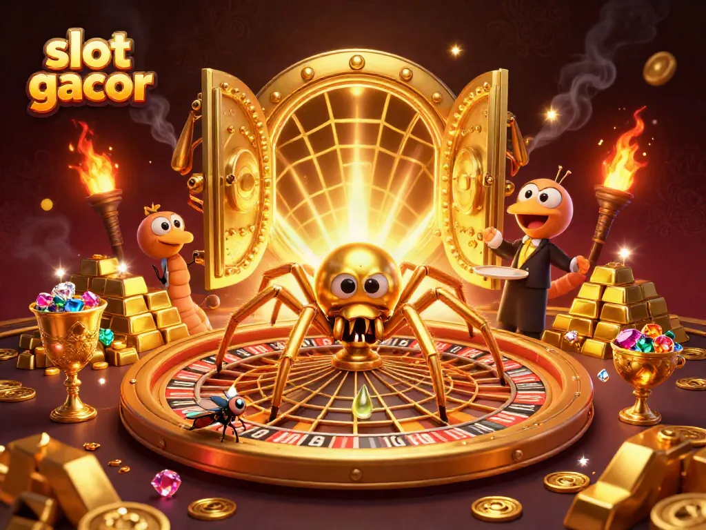 Visualisasi slot gacor dengan laba-laba emas dan raksasa permainan kasino yang cerah