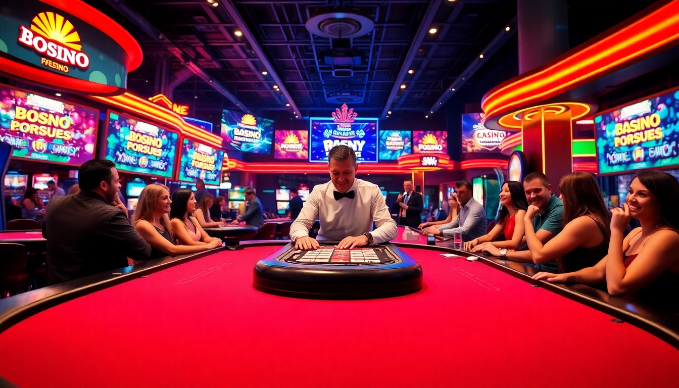 Players enjoying casino bonuses at a lively table with neon lights and an engaging dealer.