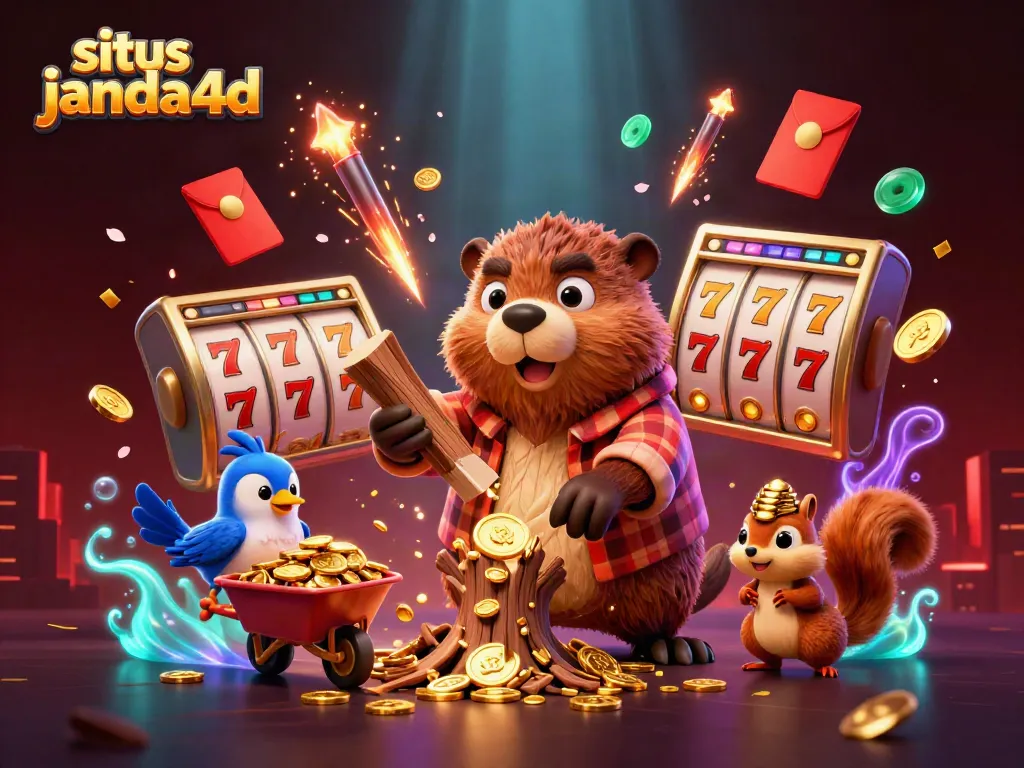 Ilustrasi situs janda4d dengan karakter beruang pemadang memotong pohon yang menghasilkan koin emas dan elemen slot.