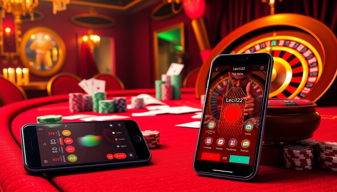 Action-packed gaming scene featuring leci123 app on a luxury poker table with chips and cards.