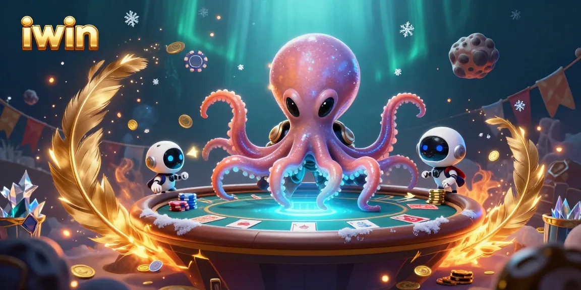 Engage with the iwin alien octopus at a cosmic poker table amidst swirling cosmic elements.