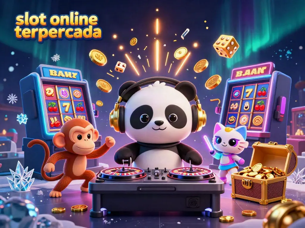 Bermain di slot online terpercaya dengan DJ panda dan teman-teman di latar kasino warna-warni yang ceria