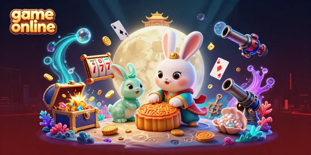 Engage in exciting game online action with a cartoon moon rabbit revealing poker chips.