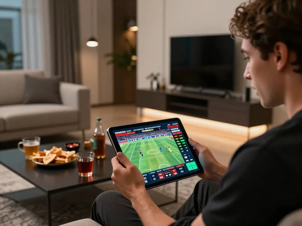 Engaged player using MK8 tablet for online sports betting during live match excitement