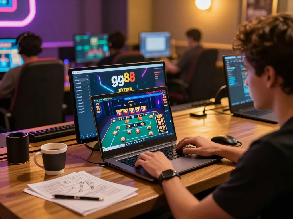 Engaging with the gg88 link on a laptop displaying live casino games in a cozy gaming room setting