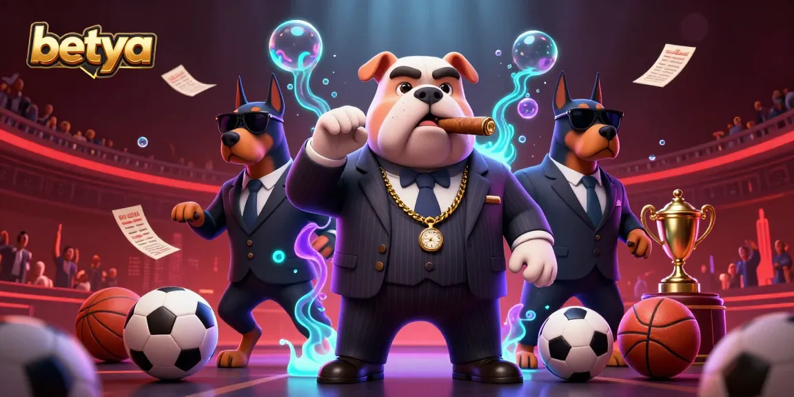 Betya showcases sports betting with a dynamic illustration featuring a cartoon mafia bulldog.