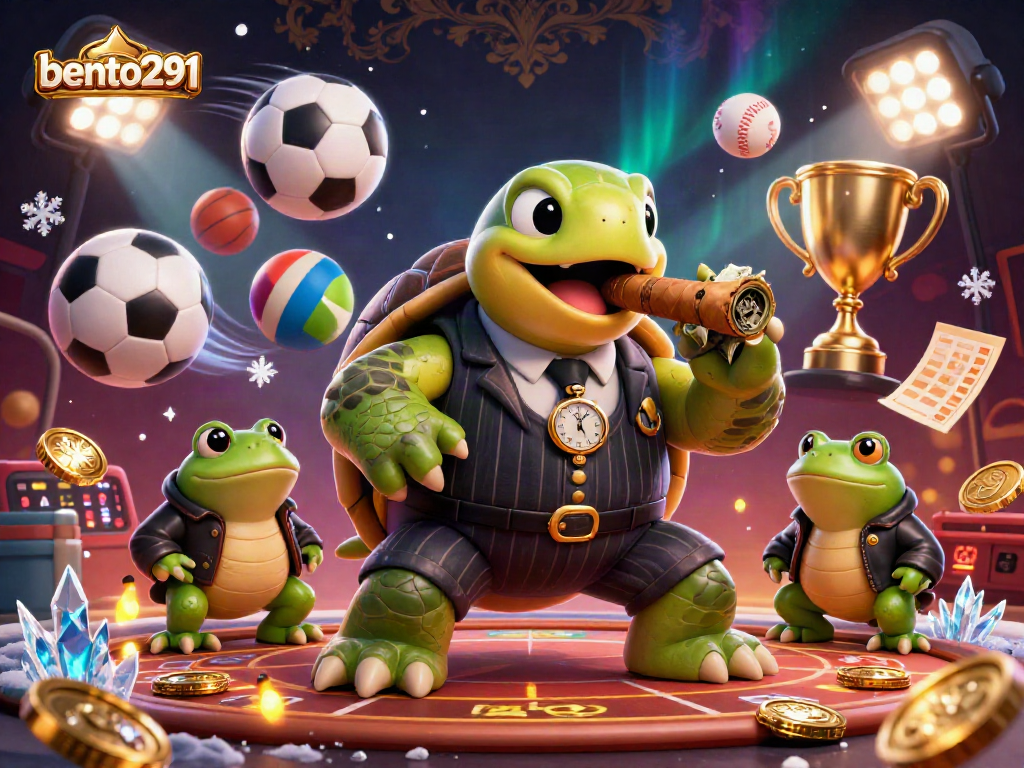 Bento291 showcases a vivid scene with a mobster turtle, bullfrog enforcers, and dynamic sports elements, emphasizing thrilling betting action.