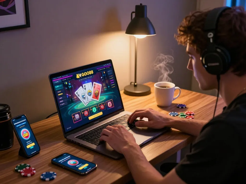 Engaging online gambling moment with GO88 interface displayed on laptop, showcasing immersive gameplay