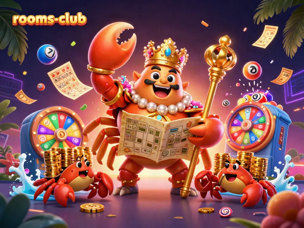 Menangkan jackpot menarik di rooms-club dengan ilustrasi kartun 3D raja kepiting emas yang megah dan permainan seru!