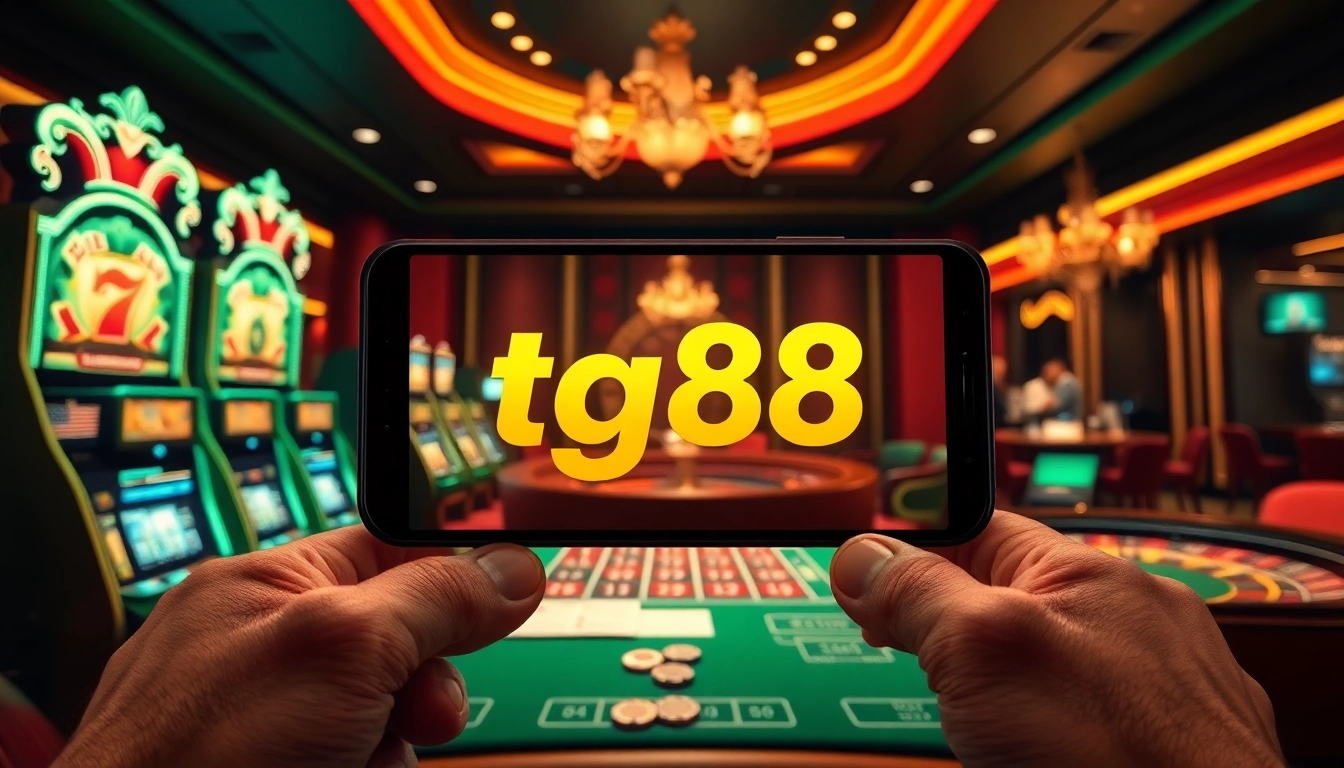 Engage with the excitement of tg88 đăng nhập at a luxurious online casino featuring vibrant slot machines and betting tables.