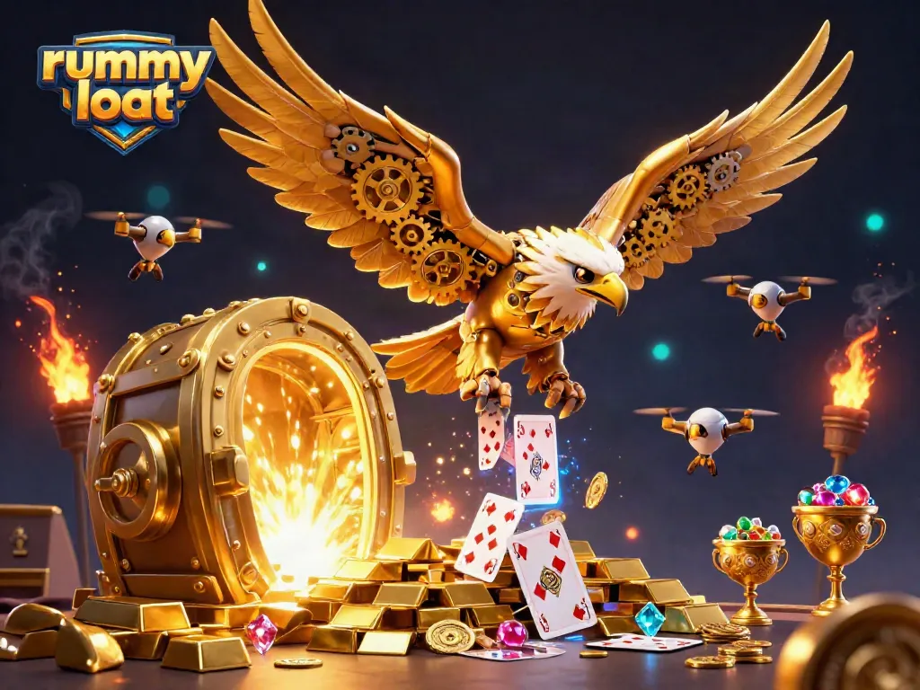 Experience thrilling rummy action with rummy loot in this vibrant 3D golden game illustration.