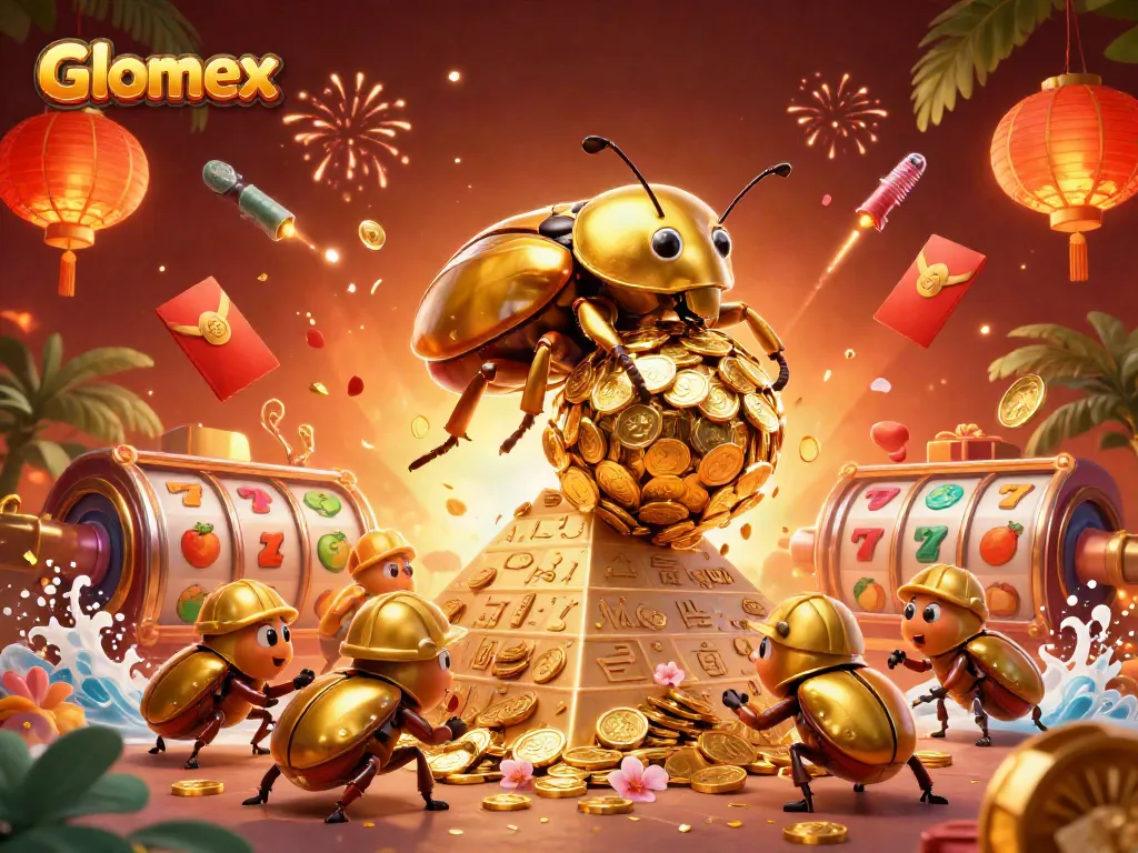 Play exciting casino games with Glomex; a golden beetle rolls coins up a pyramid in a vibrant scene.