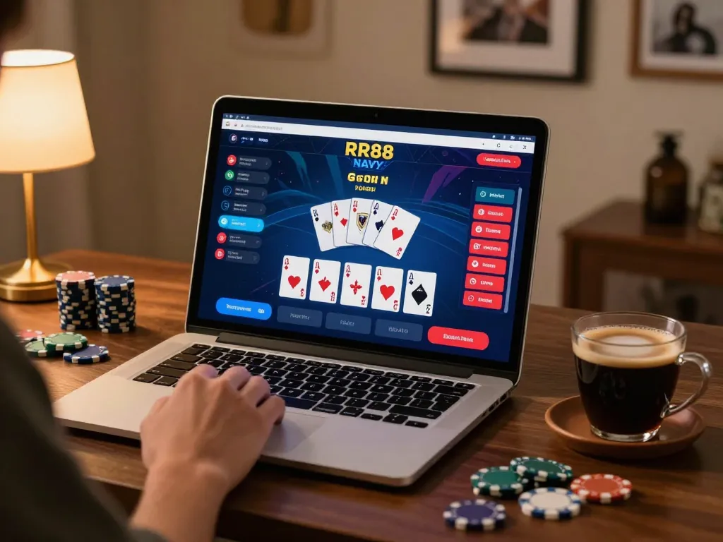 Playing poker online with RR88 NAVY, showcasing a vibrant interface on a laptop.