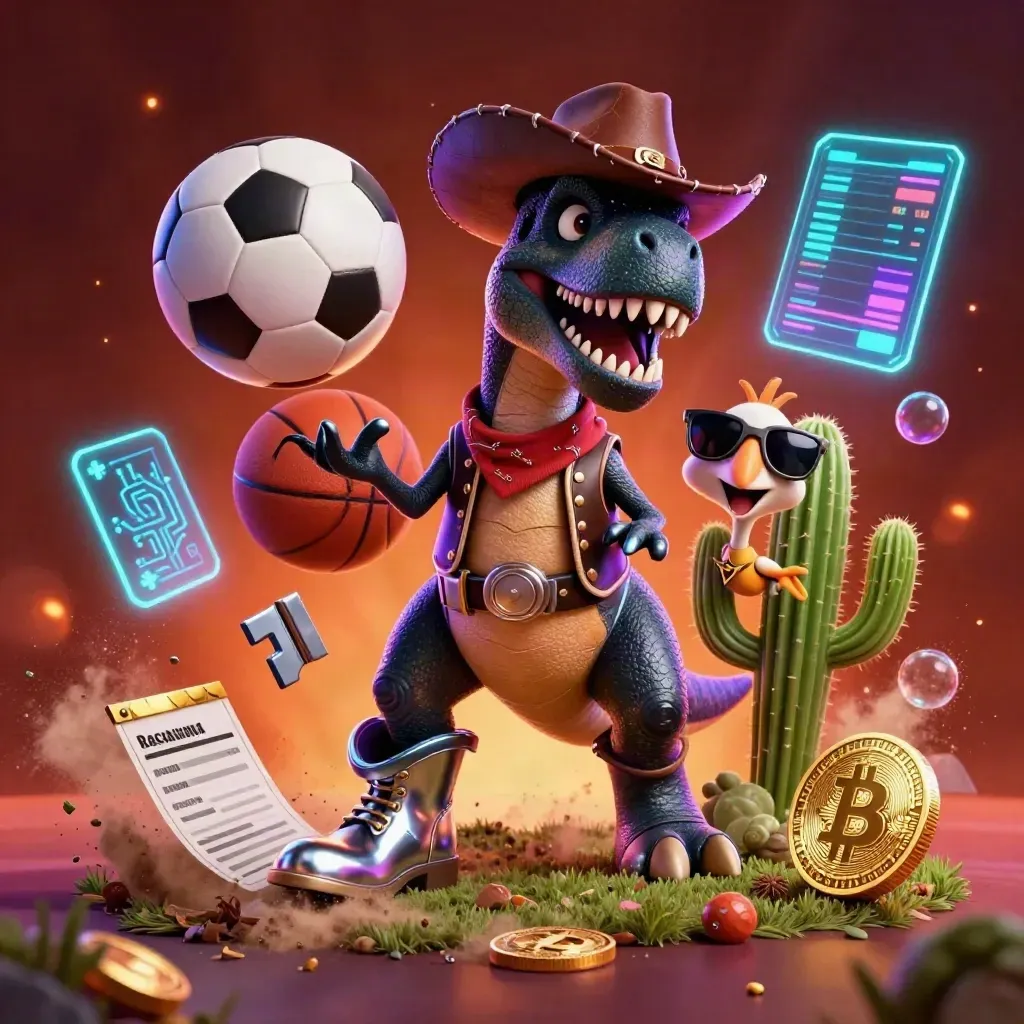 Cartoon cowboy T-Rex, cactus, and roadrunner amid flying sports gear and neon casino effects