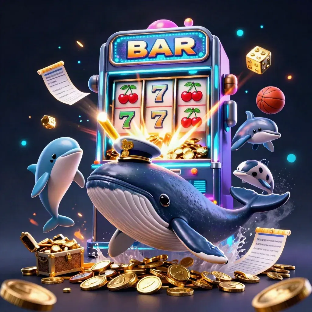 Whale, narwhal, dolphins and casino icons erupt in neon gold-and-cyan chaos.