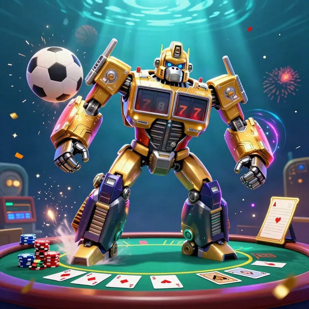 Golden gorilla mech, monkey pilot, casino props, soccer ball and sparks in a neon underwater arena