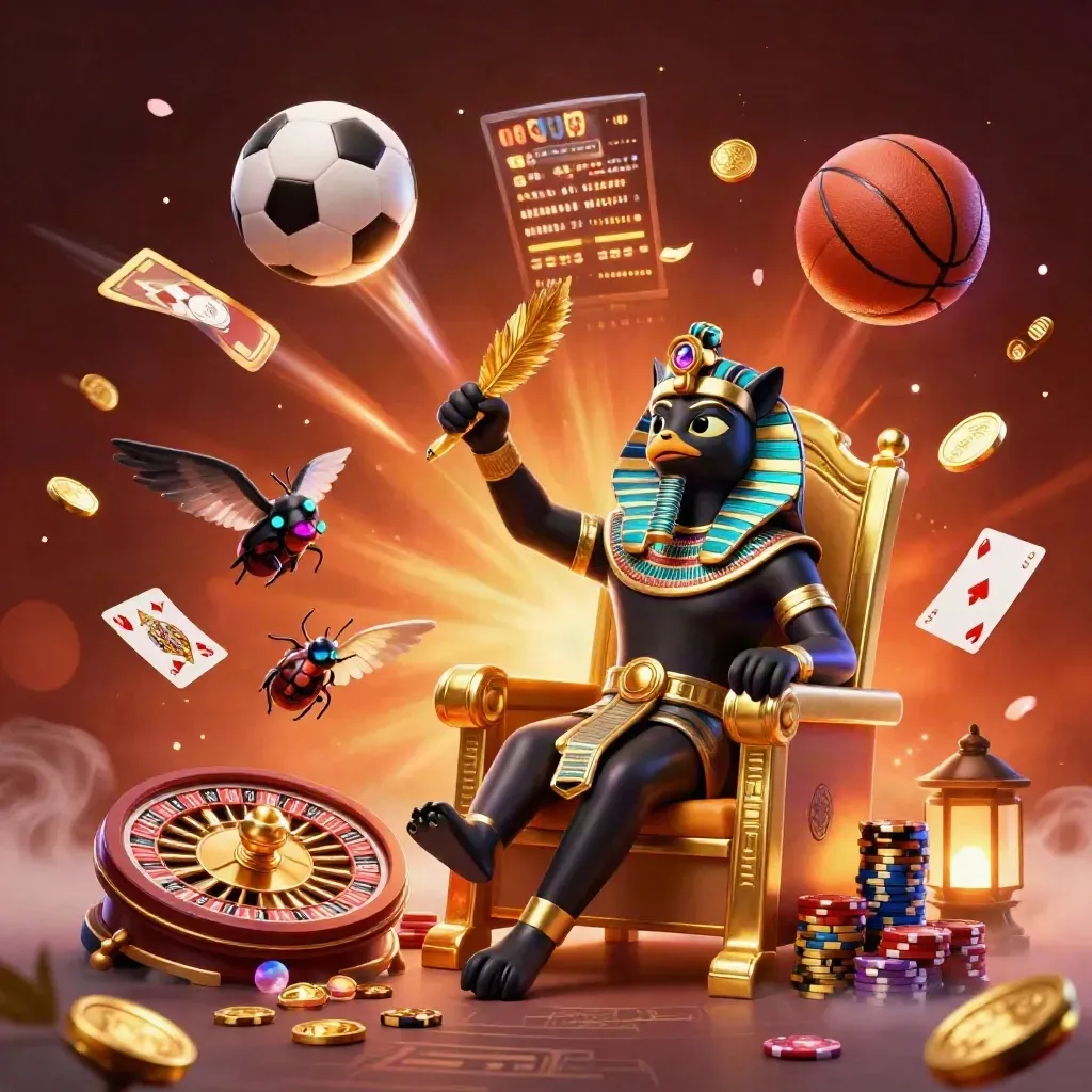 Pharaoh cat, ibis scribe, and scarab beetles amid flying casino and sports icons