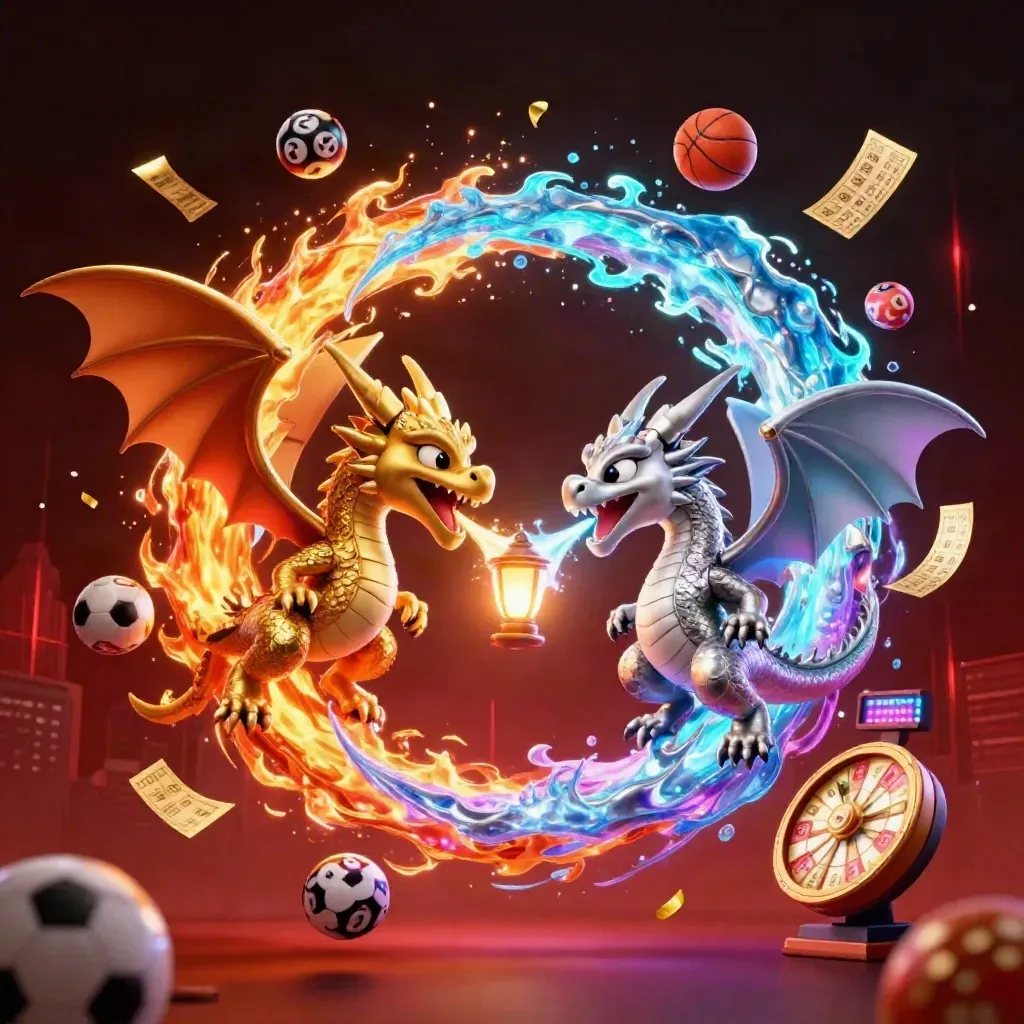 Twin dragons, lottery balls, casino icons, and sports props in a neon cyberpunk storm.
