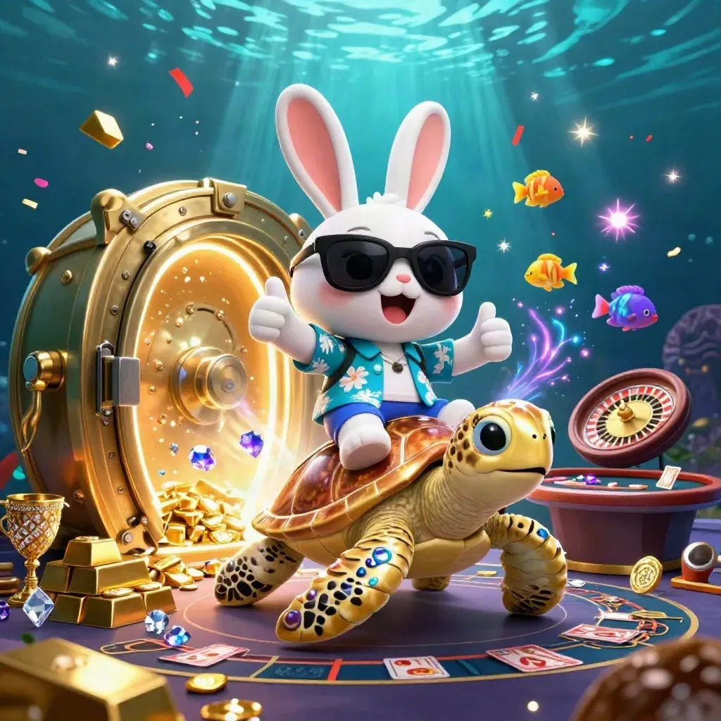 Lucky rabbit rides a jeweled sea turtle as a vault bursts open in an underwater casino scene.