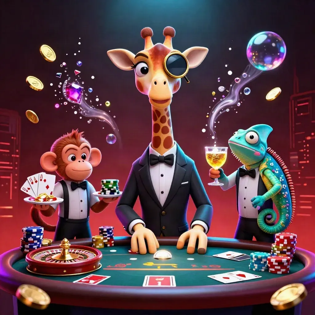 Giraffe, monkey valet, and chameleon bartender amid coins, gems, roulette wheel, and neon casino glow.