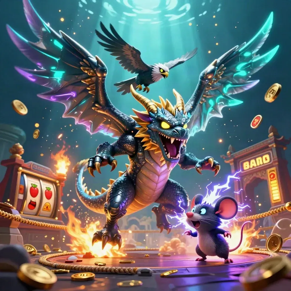 Dragon, hawk, and mouse erupt in neon casino chaos with coins, temple gate, and lightning