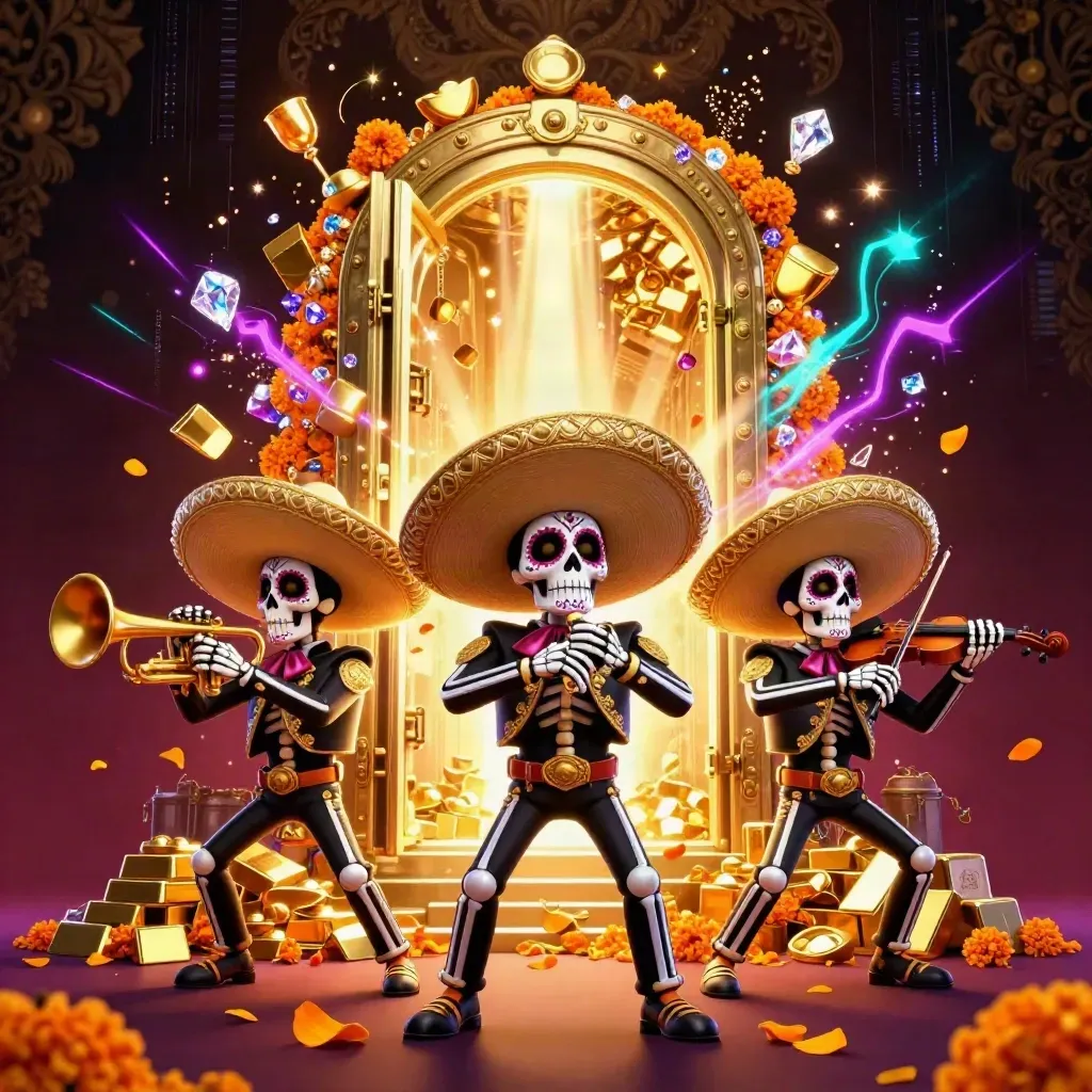 Skeleton mariachi trio before an opening gold vault, with gems, petals, and cyan energy bursts.
