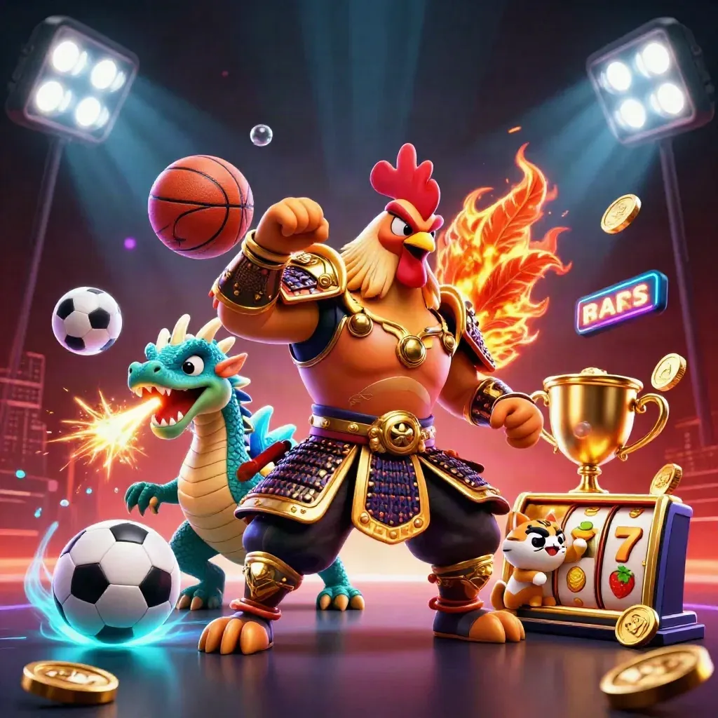 Rooster warrior, dragon hatchling, and fortune-cat amid casino sports bursts and neon effects.