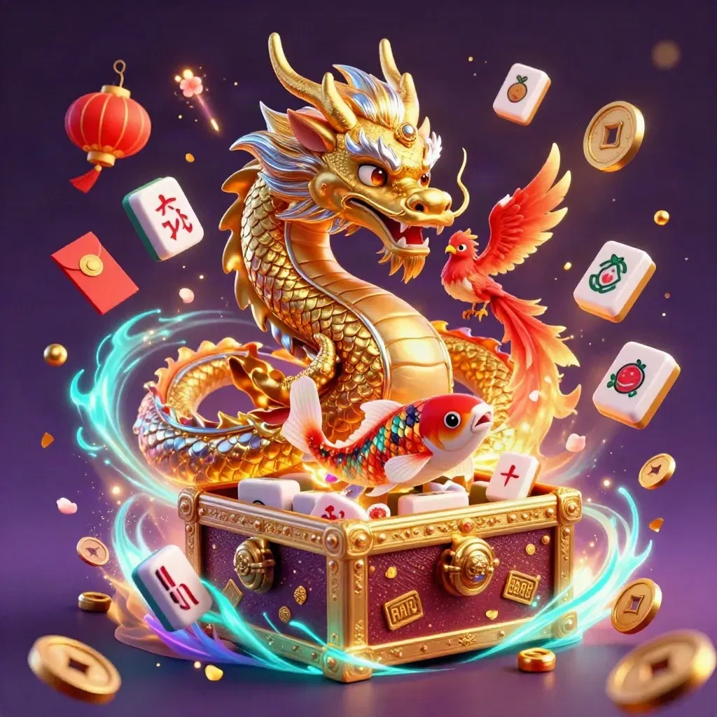 Golden dragon, phoenix, koi, and treasure chest explode with neon casino artifacts on a dark purple starfield.