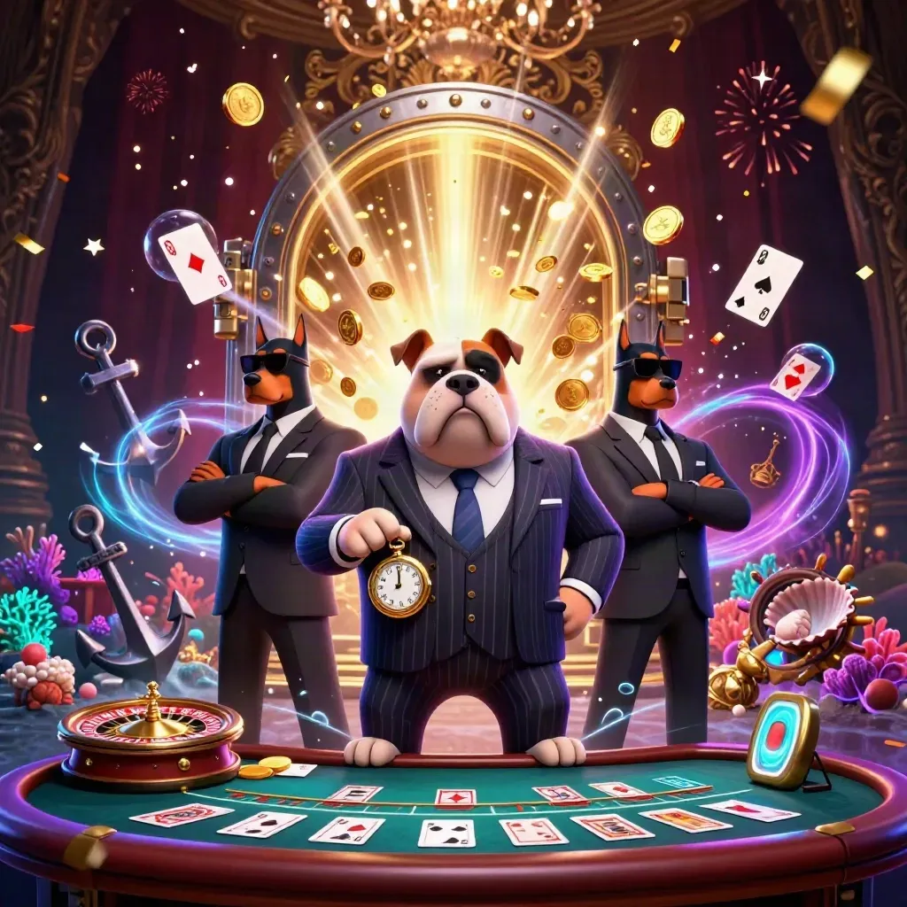 Cartoon bulldog boss and Dobermans amid coins, coral, cards, fireworks, and casino props