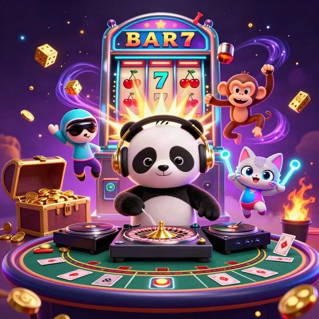 DJ panda, monkey, and glow-stick kitten explode in a neon mech-casino celebration.