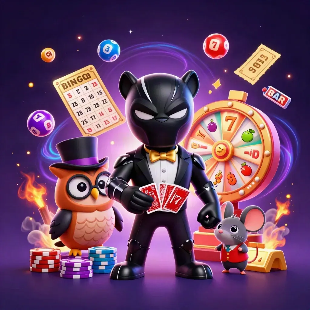 Three casino animals in tuxedo gear burst amid reels, chips, balls, and neon energy