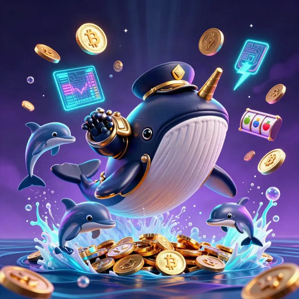 Whale captain, narwhal, and dolphins burst through coins with neon casino effects.
