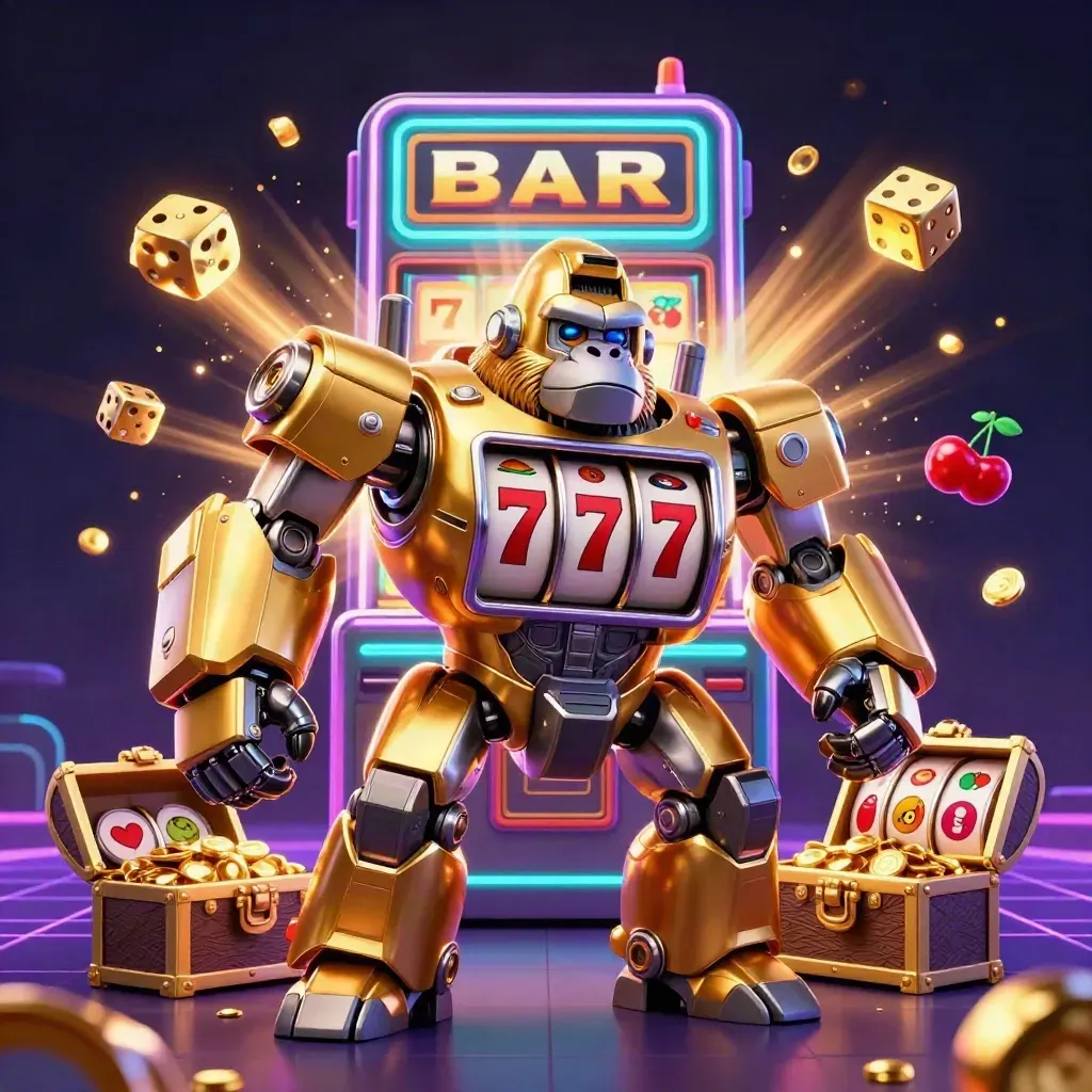 Golden gorilla mech bursting from a slot machine with tiny pilot, coins, dice, and neon casino energy.