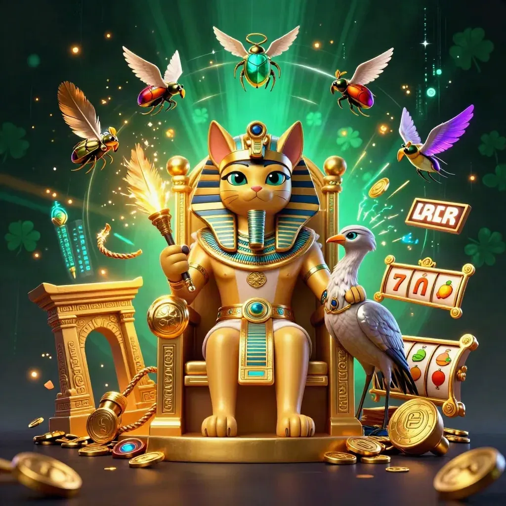 Pharaoh cat throne scene with ibis scribe, scarabs, neon casino relics, and glowing effects.
