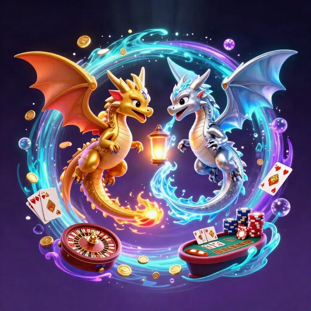 Gold and silver dragons spiral around coins, cards, chips, and a roulette wheel in neon casino glow