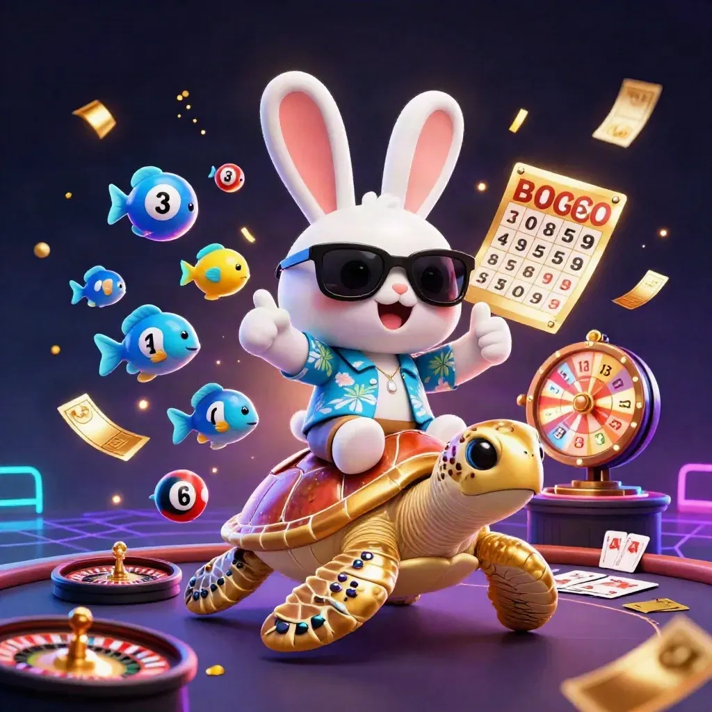 Lucky rabbit on a golden turtle amid casino props, neon cyberpunk glow, dark indigo backdrop.