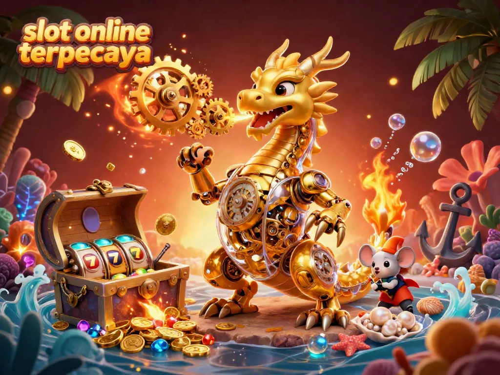 Menangkan hadiah besar di slot online terpercaya dengan naga emas memecahkan harta karun.