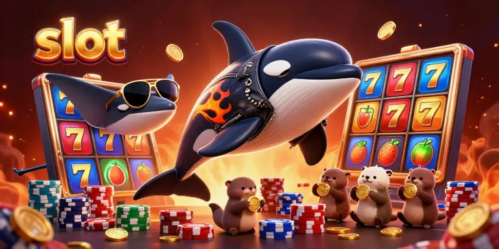 Experience thrilling gameplay with colorful slot reels and animated characters celebrating wins.