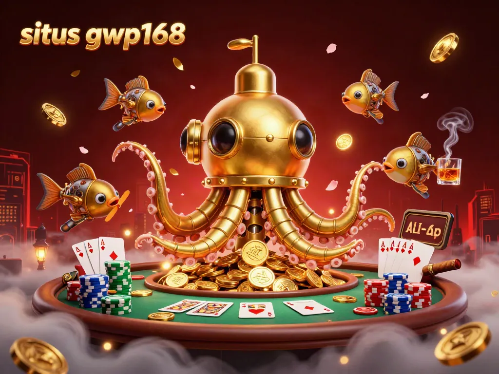Permainan seru di situs gwp168 dengan monster kraken bergaya 3D dan meja poker yang kaya warna.