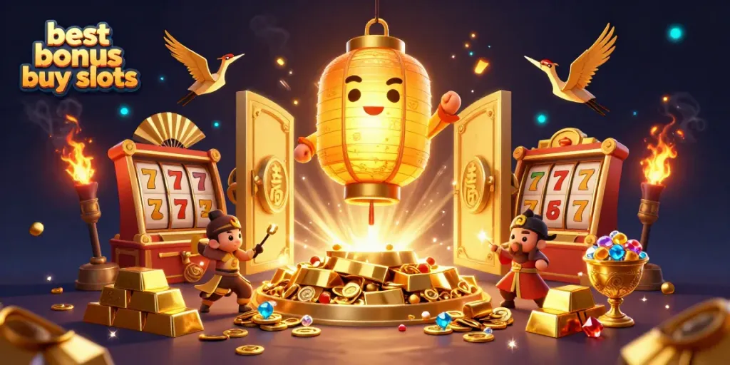 Spin the best bonus buy slots with golden treasures and enchanting characters in a casino night scene.