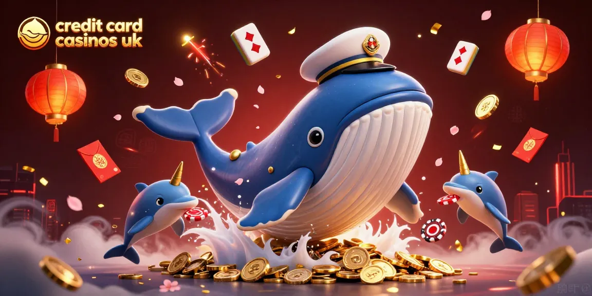 Engage with credit card casinos UK featuring vibrant characters amidst falling coins and festive symbols.