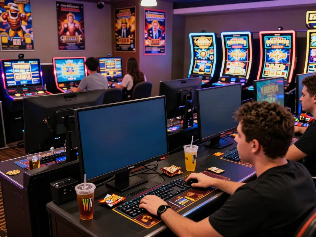 Akunjp active gaming scene with players engaging on laptops in a vibrant online casino setup.