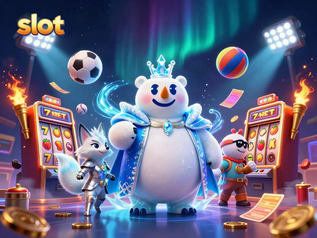 Slot mesin dengan karakter beruang kutub raja dan rubah salju yang dikelilingi berbagai simbol permainan.
