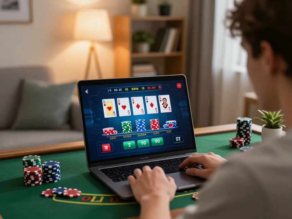 Engaged player enjoying Go 88 blackjack on laptop at home, displaying colorful betting interface.