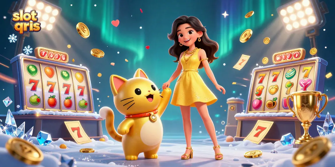 Spin the slot qris reels with our cheerful character and lucky cat amid golden coins and confetti.