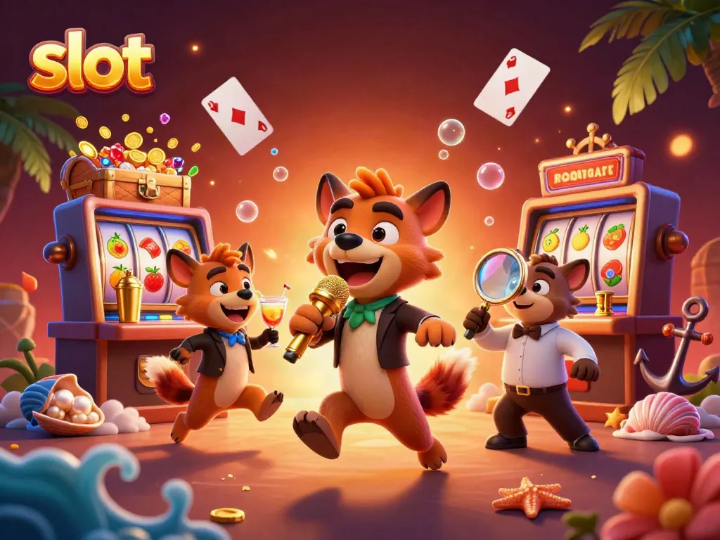 Hyenas entertain in a vibrant casino club with slot machines and colorful gems.