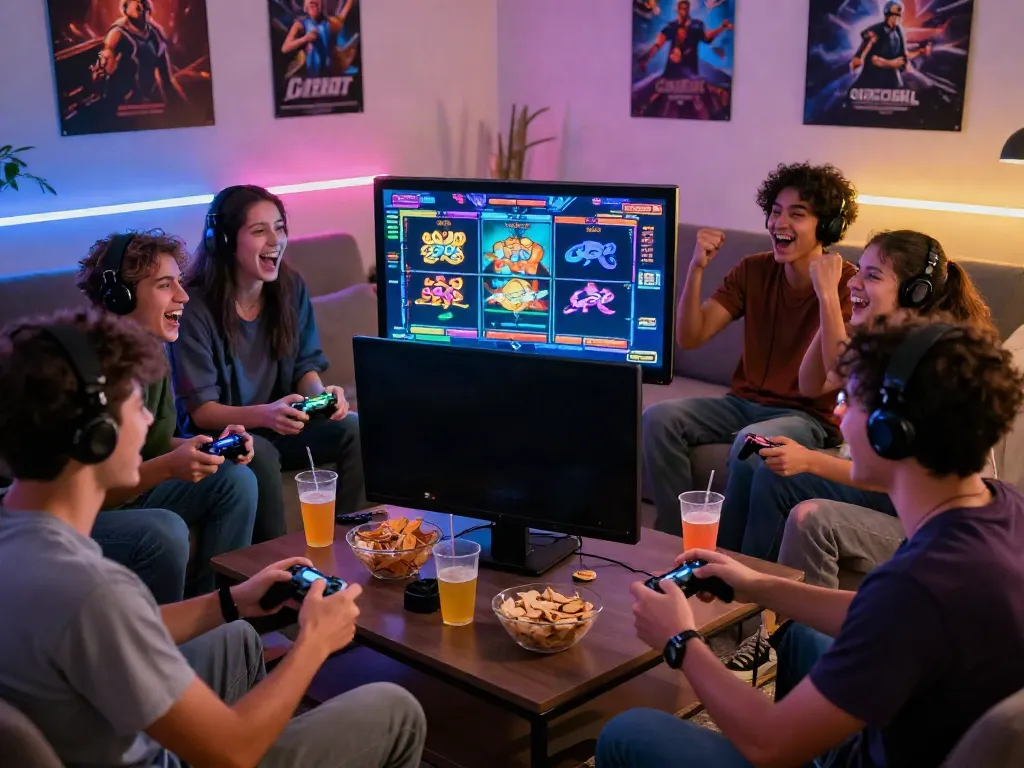 Exciting gaming night with friends engaged in akunjp slot game.