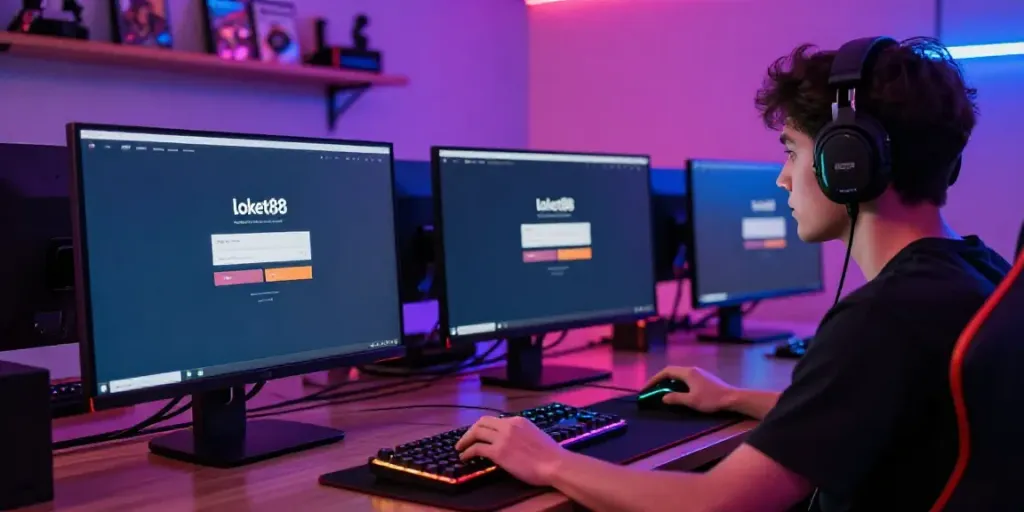 Gamer focused on loket88 login screen in a colorful gaming setup.