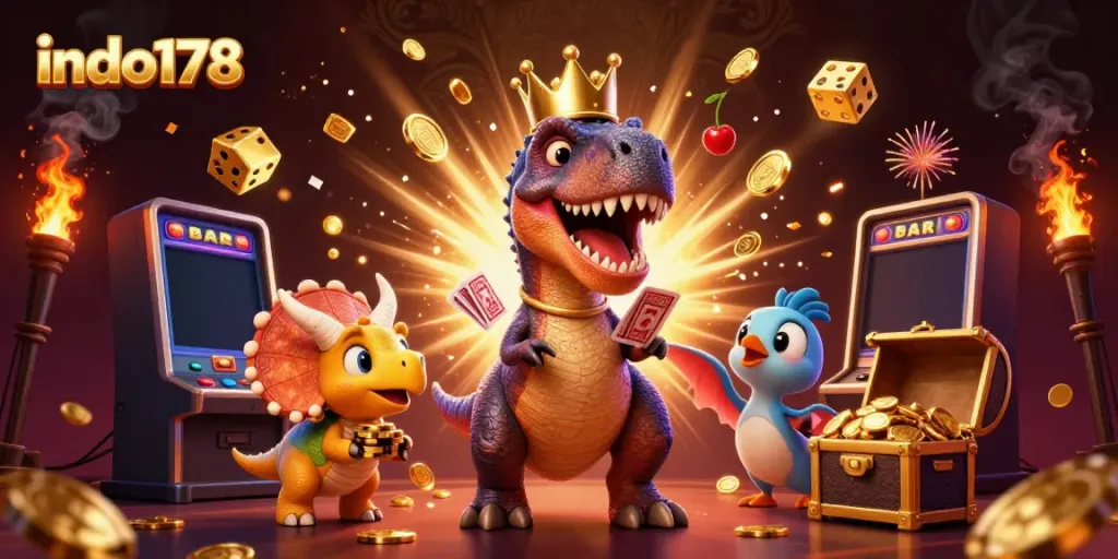 Engage in thrilling gameplay at indo178 with a fun dinosaur-themed casino scene showcasing vibrant characters and slot games.